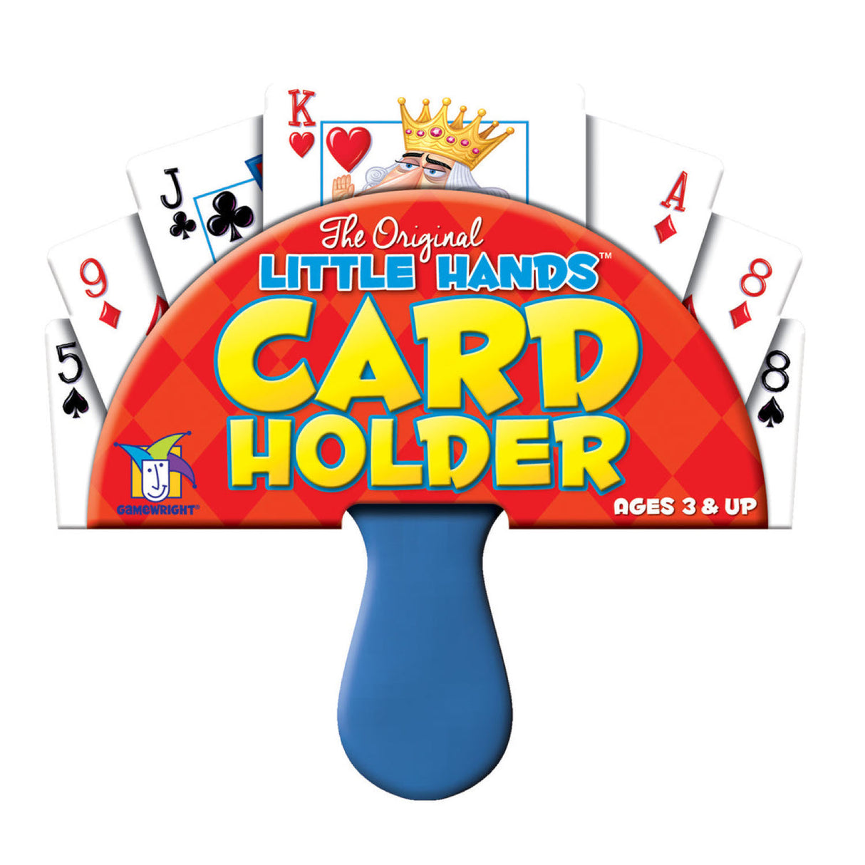 Little Hands Card Holder with blue handle holding multiple playing cards for easier card games ages 3 and up