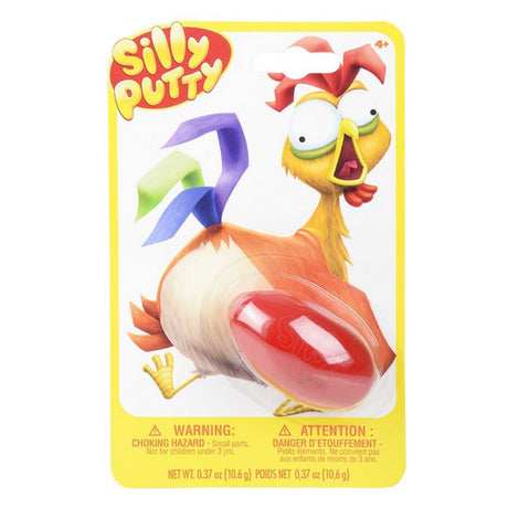 Silly Putty classic stretchable toy in red egg-shaped container with colorful chicken packaging for kids age 4 and up.
