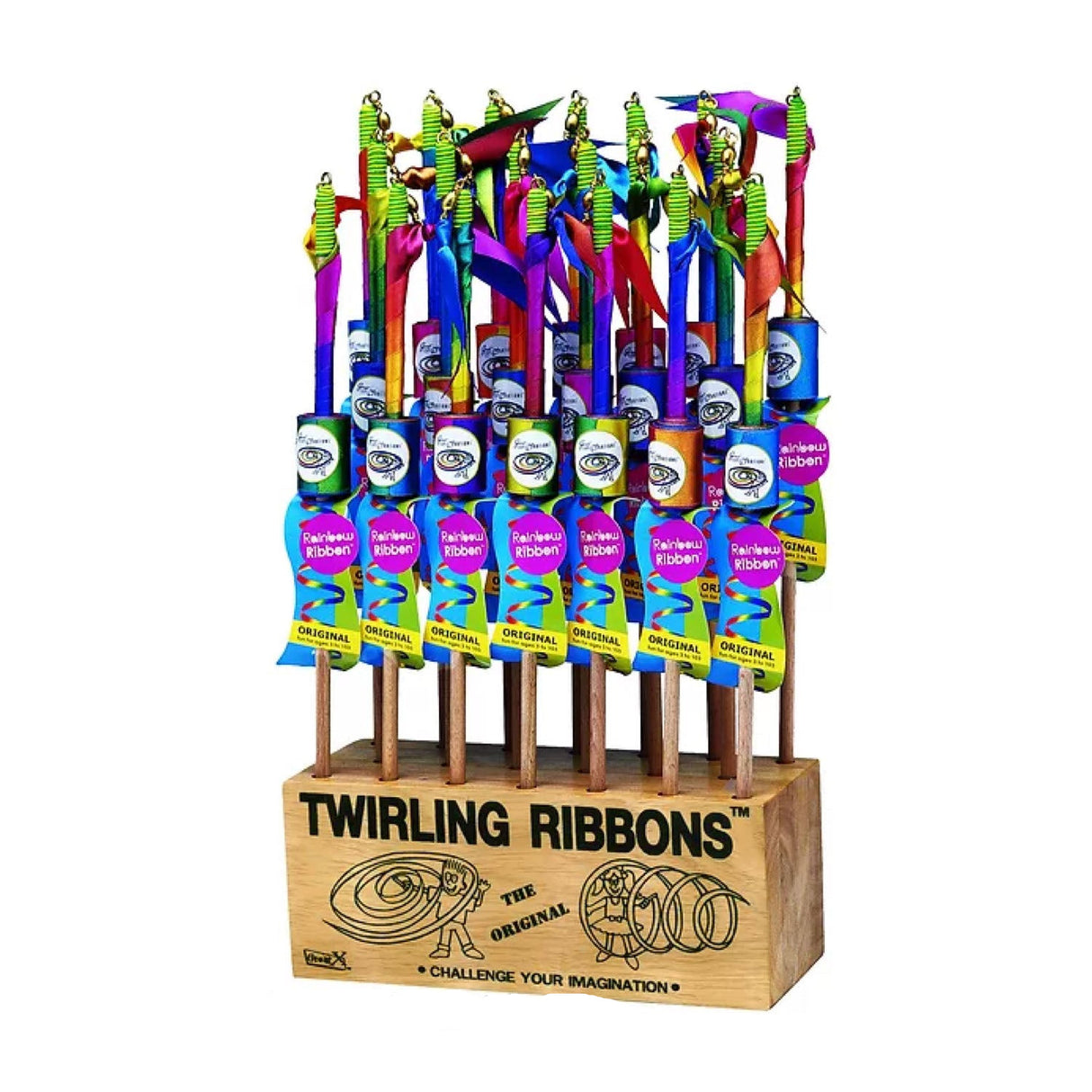 Rainbow Ribbon Dancer with 7-foot long colorful ribbons and wooden wand, a fun evergreen toy for all ages.