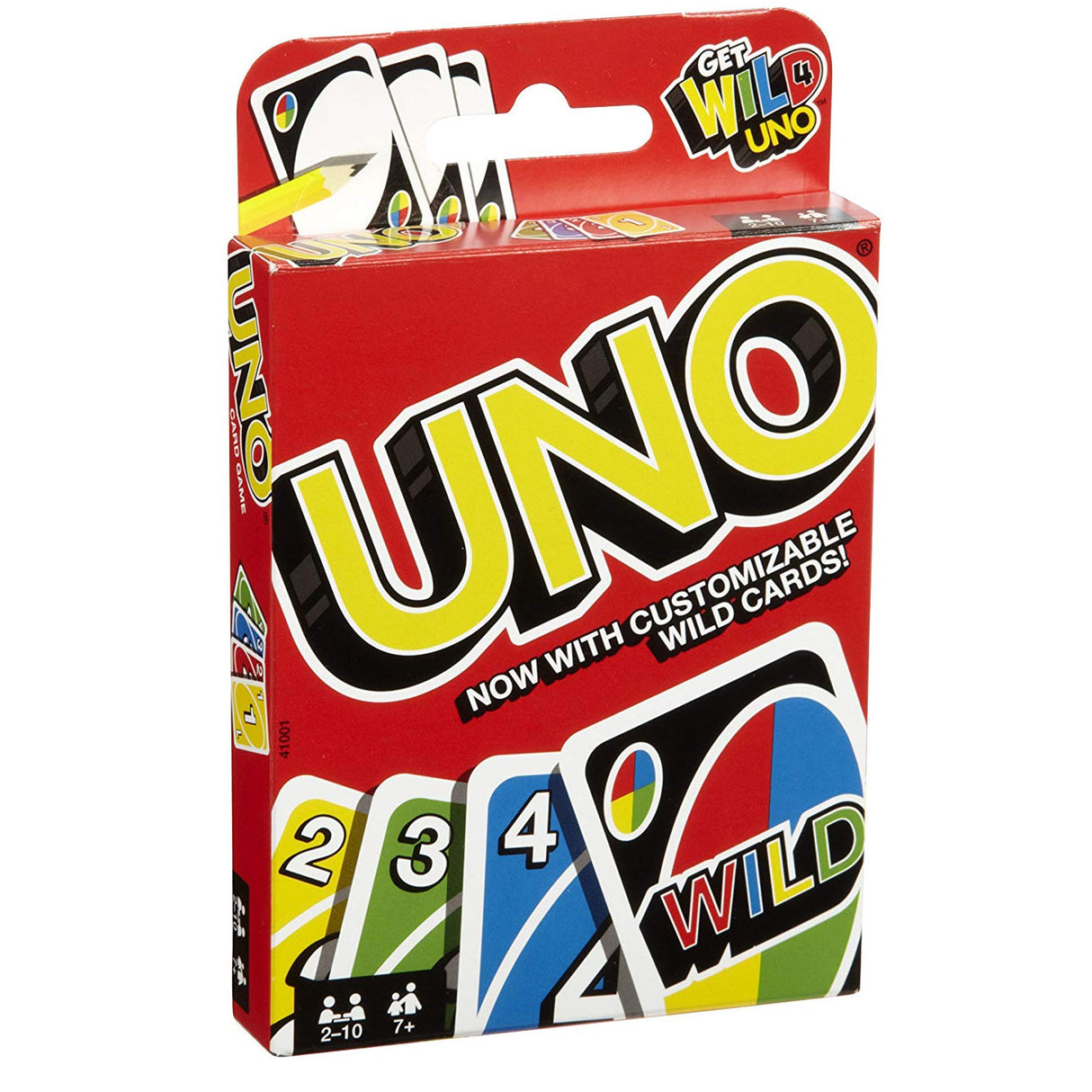 Uno card game box showing colorful number and wild cards for 2-10 players aged 7 and up.