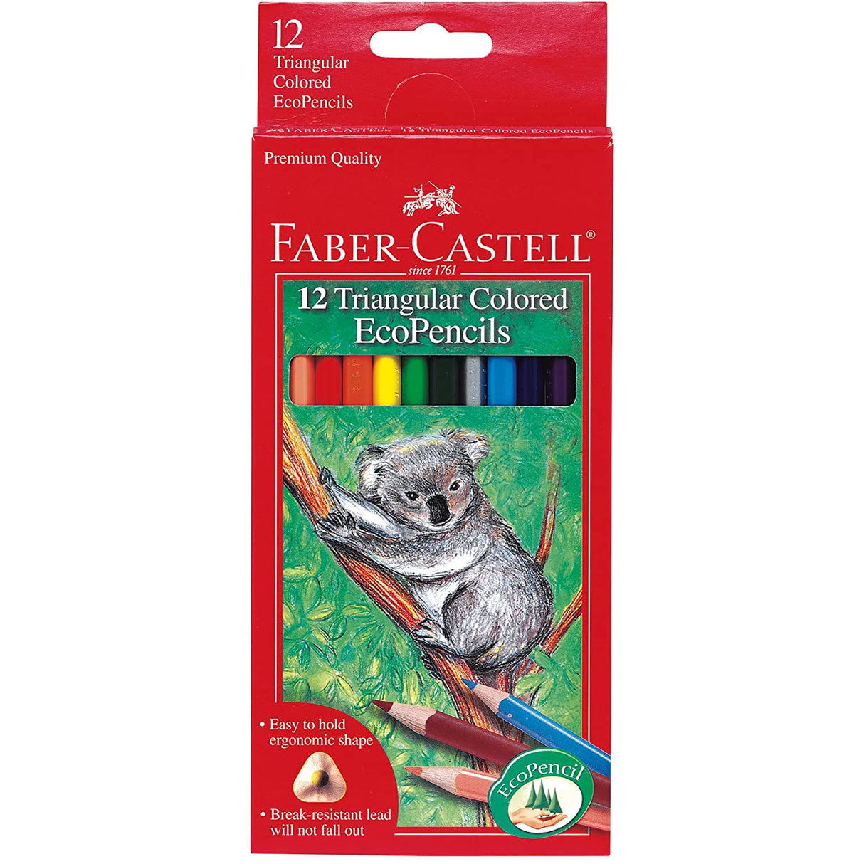 Eco Colored Pencils 12-pack with triangular ergonomic shape, vivid colors, and break-resistant lead by Faber-Castell.