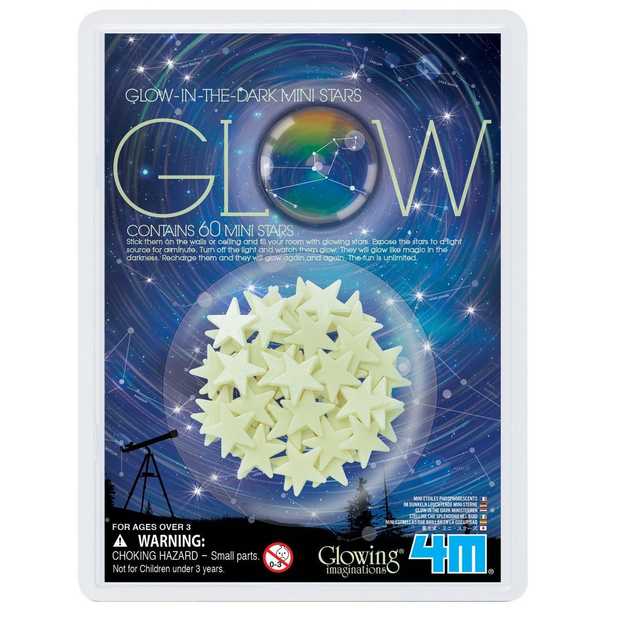 Glow Stars 60pc glow-in-the-dark mini stars with adhesive, perfect for kids ages 3+ who love space and night lights.