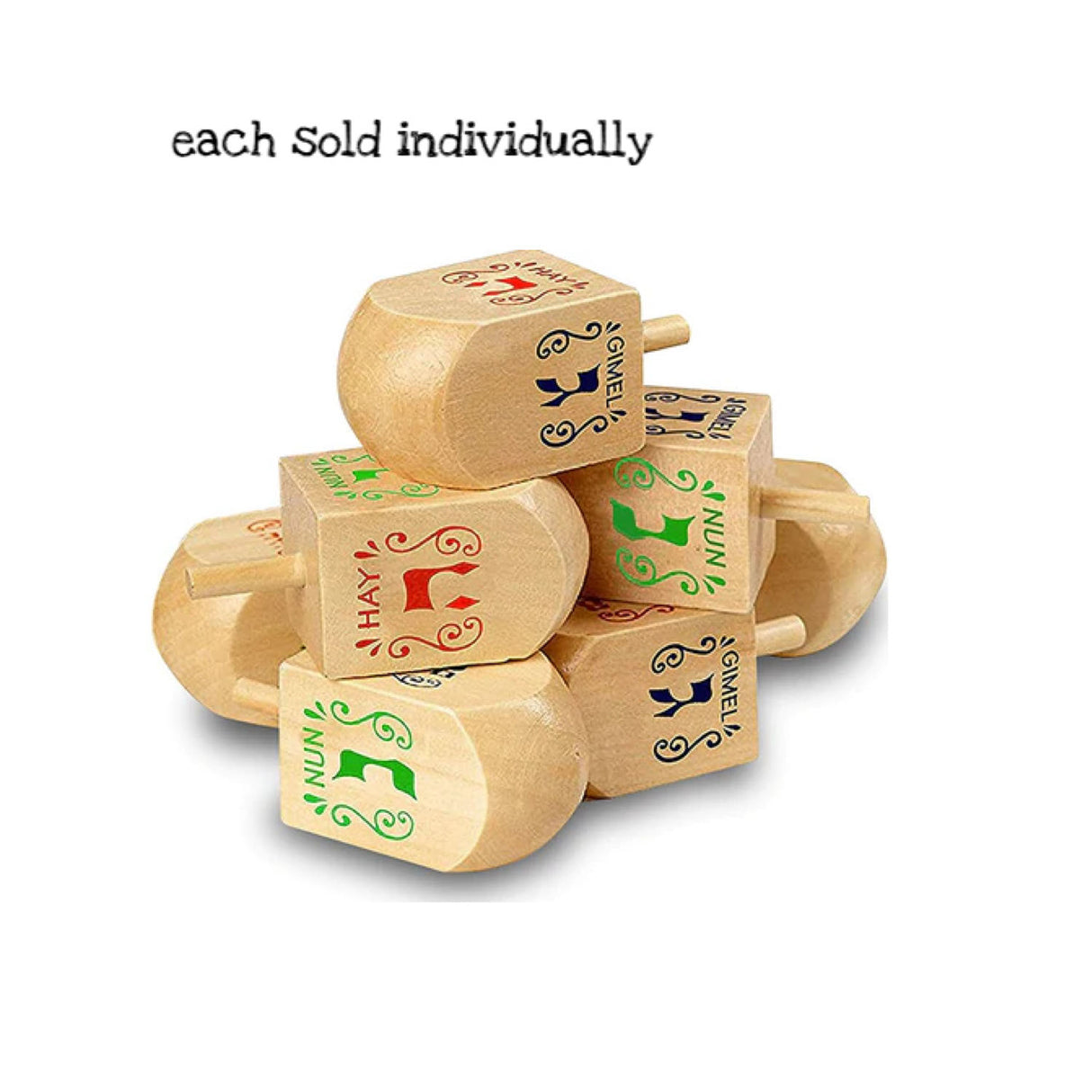 Wooden Dreidel made of wood with traditional nun, gimmel, hay, and shin lettering, sold individually.