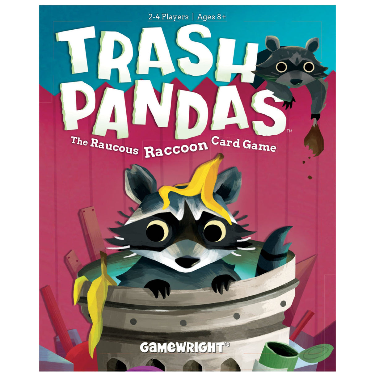 Trash Pandas game box with cartoon raccoons in trash can, colorful design for ages 8+, 2-4 players, card game.