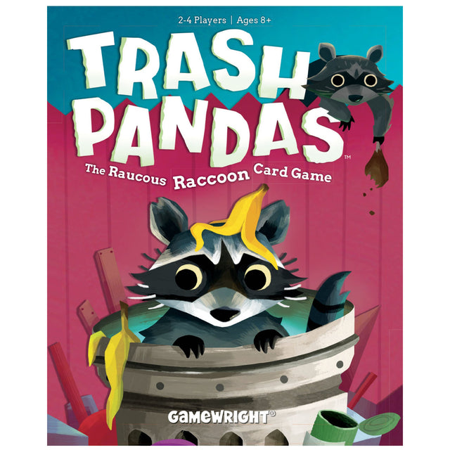 Trash Pandas game box with cartoon raccoons in trash can, colorful design for ages 8+, 2-4 players, card game.