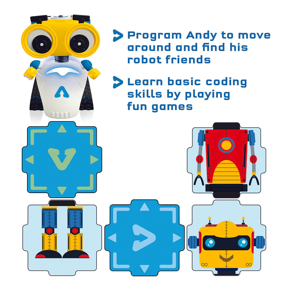 Andy Code & Play Robot with arrow buttons, colorful robot cards, and coding game instructions for kids.