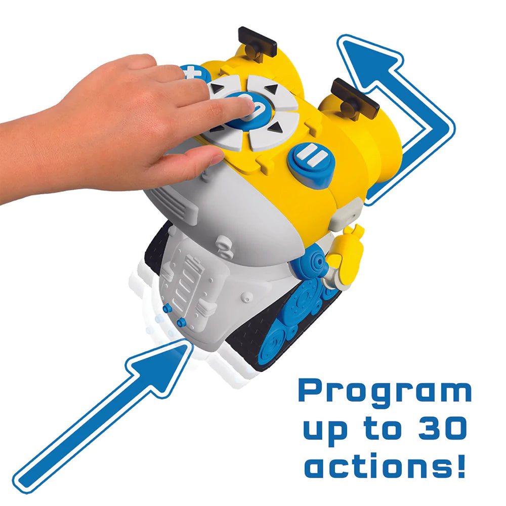 Hand programming the Andy Code & Play Robot with big buttons for up to 30 actions and directional control.
