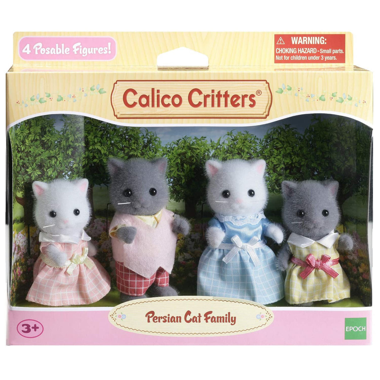 Persian Cat Family four-piece set of posable figures with removable clothes in checkered outfits for imaginative play.