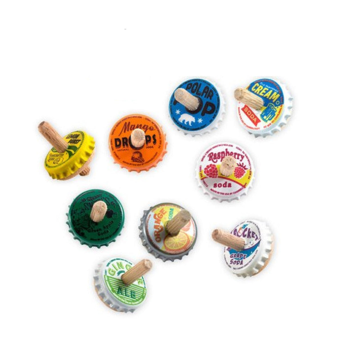 Old Fashioned Bottle Top Top made from colorful soda bottle caps, perfect for spinning and collecting, sold individually.