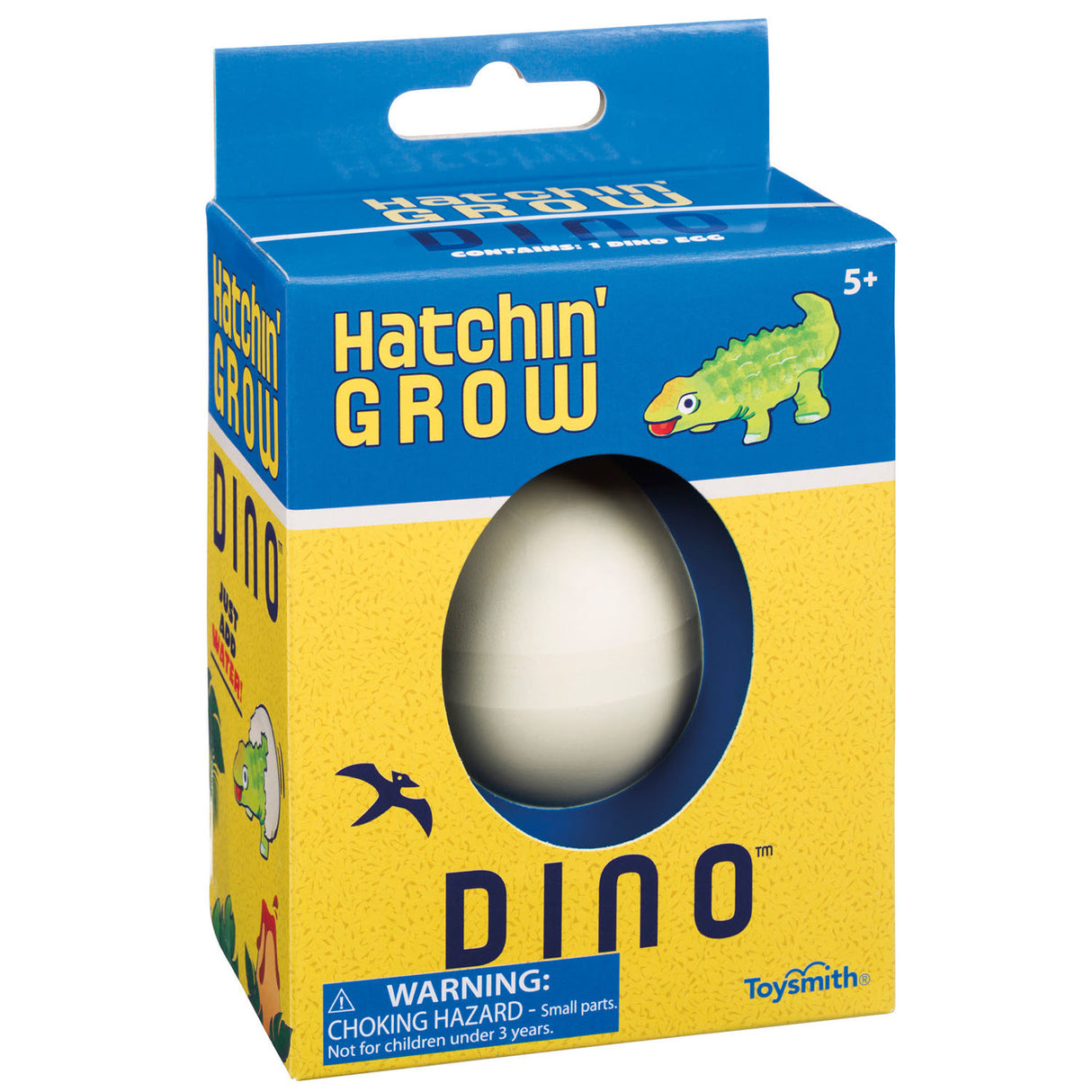 Hatchin' Grow Dino packaging showing a mystery dinosaur egg toy for kids aged 5 and up.