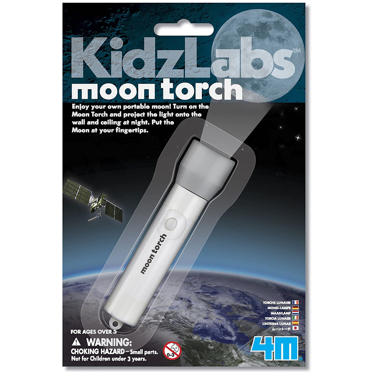 Moon Torch Light projecting moon image, portable torch for kids, safe materials, includes button batteries, ages 5 and up.