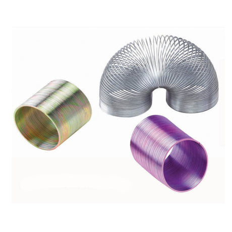 Three colorful mini metal springs displayed on a white background, perfect for party favors and fun.