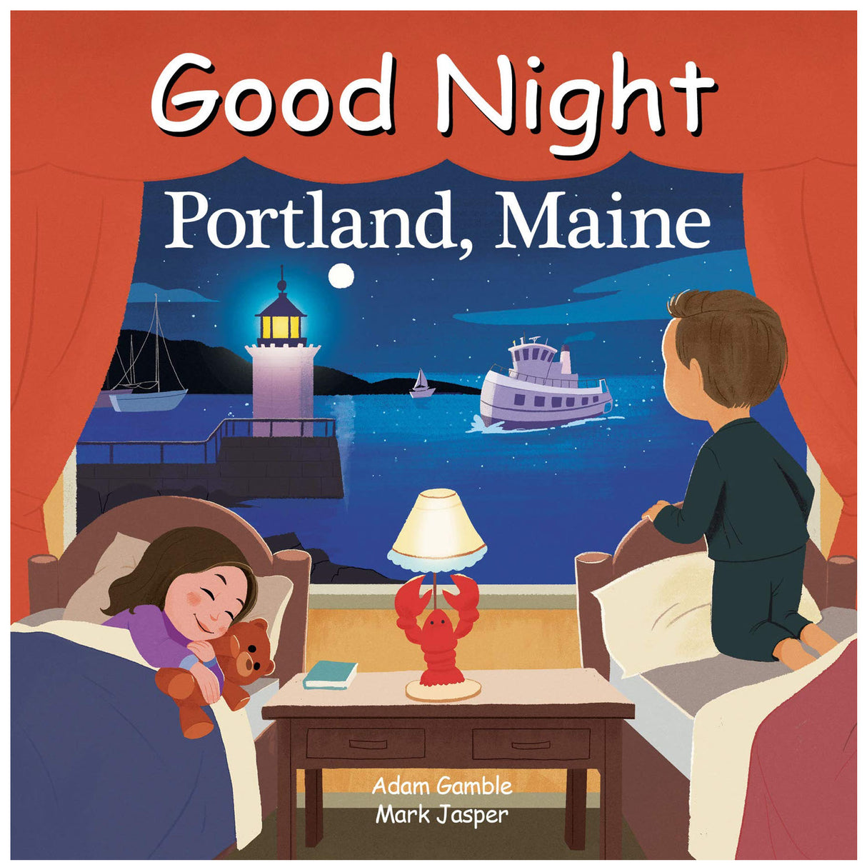 Good Night Portland Maine book cover showing children and a nighttime seaside scene with lighthouse and boat.