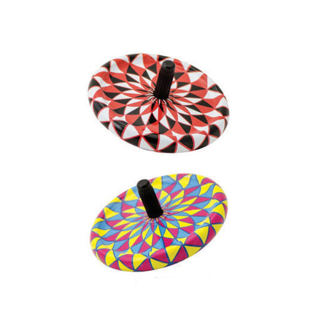 Two colorful Tin Spinning Top toys with retro patterns, made of tin and measuring 2.25 inches in diameter.