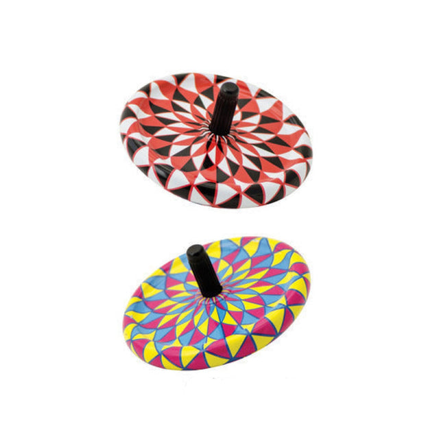 Two colorful Tin Spinning Top toys with retro patterns, made of tin and measuring 2.25 inches in diameter.