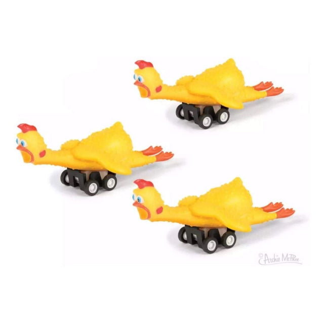 Three Racing Rubber Chicken toys in yellow with pull-back wheels shown on a white background.