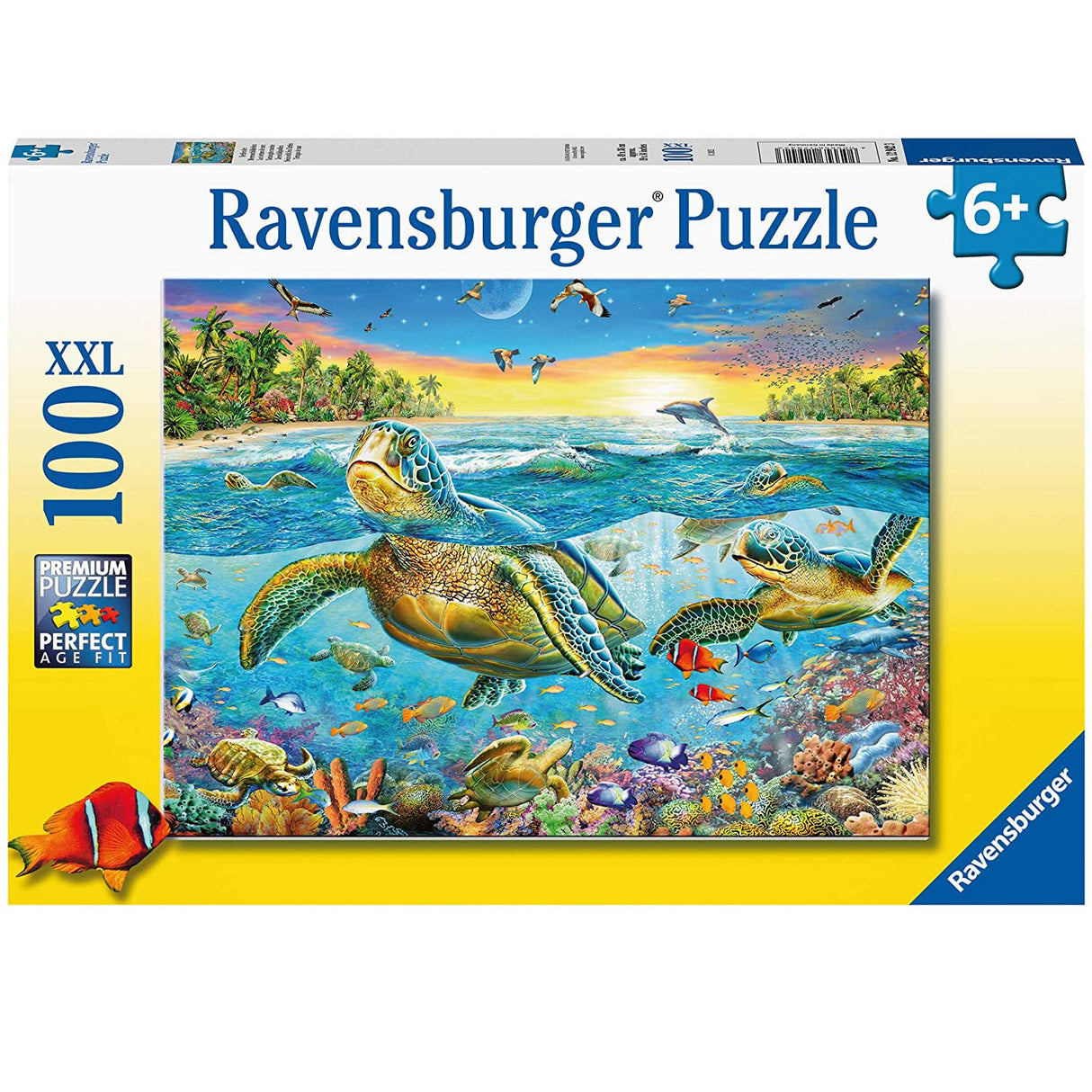 100pc Swim with Sea Turtles Puzzle with colorful sea turtles swimming underwater, designed for kids ages 6 and up.
