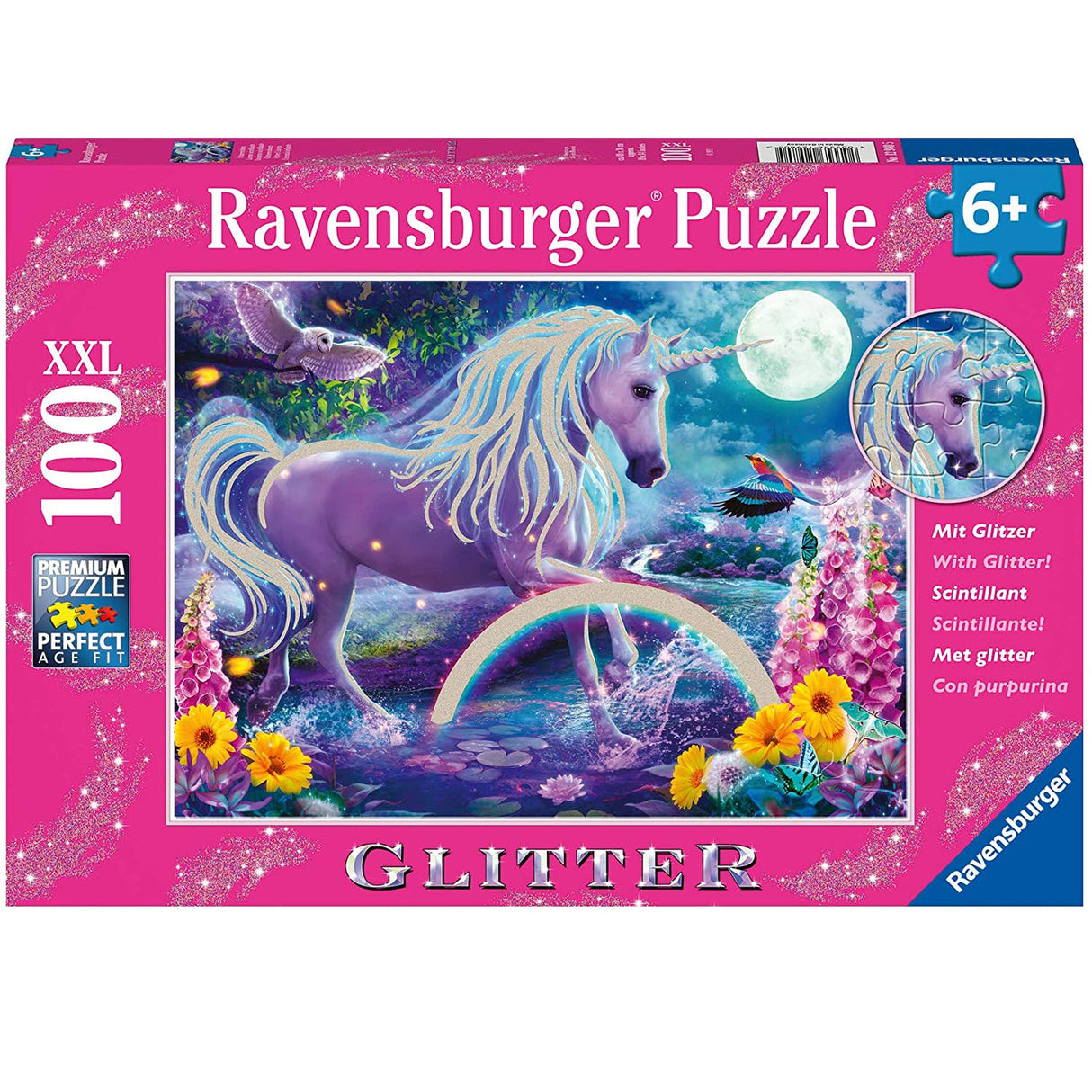 100pc Glitter Unicorn Puzzle featuring a purple unicorn with sparkles, perfect for ages 6+ with large durable pieces.