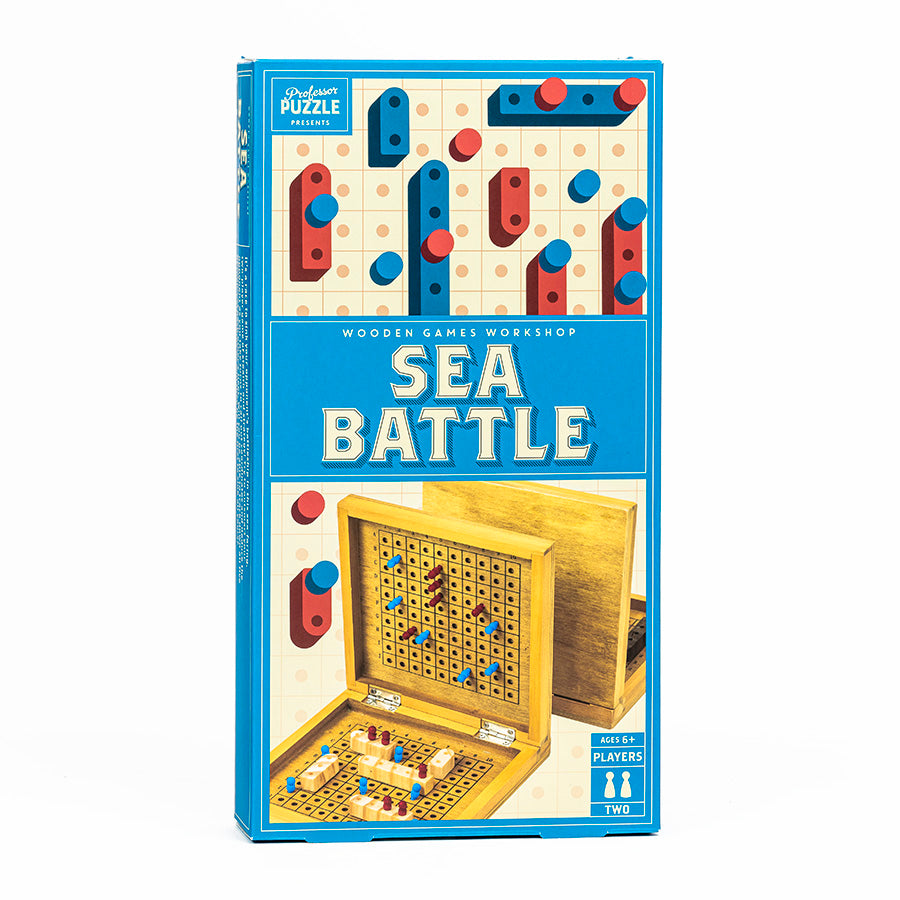 Sea Battle wooden board game set with battleships and pegs for two players, perfect for family game night.