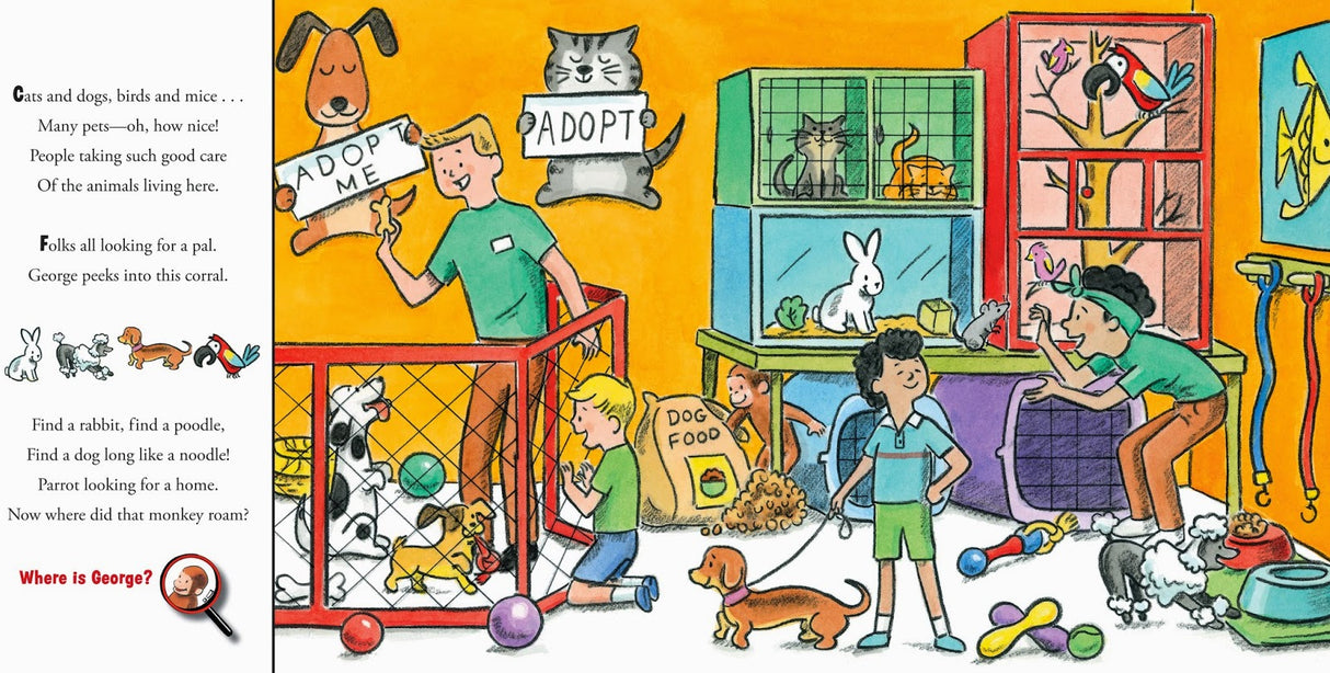 Illustration from Where is Curious George? Look & Find Around the Town showing a pet adoption scene with animals and people searching.