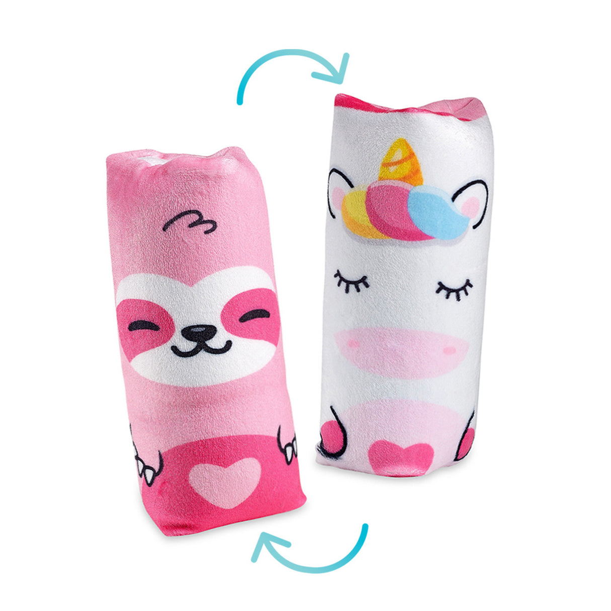 Two Flippin' Cute Water Wiggler reversible plush toy showing pink sloth and white unicorn characters.