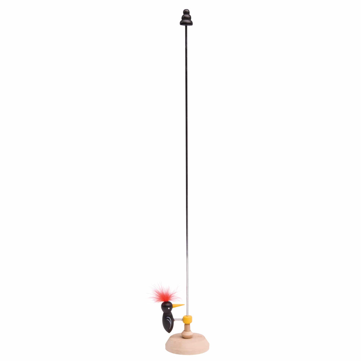 Woodpecker toy with feathers on a tall stand, designed for desk entertainment and fun tapping action.