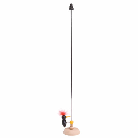 Woodpecker toy with feathers on a tall stand, designed for desk entertainment and fun tapping action.