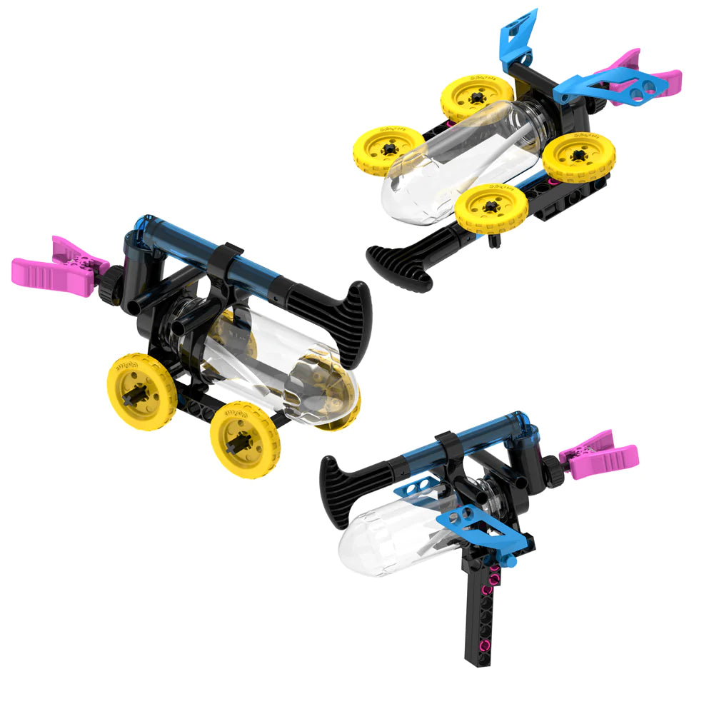 Water Power kit showing three air and water propelled models with yellow wheels and colorful clamps on a white background.