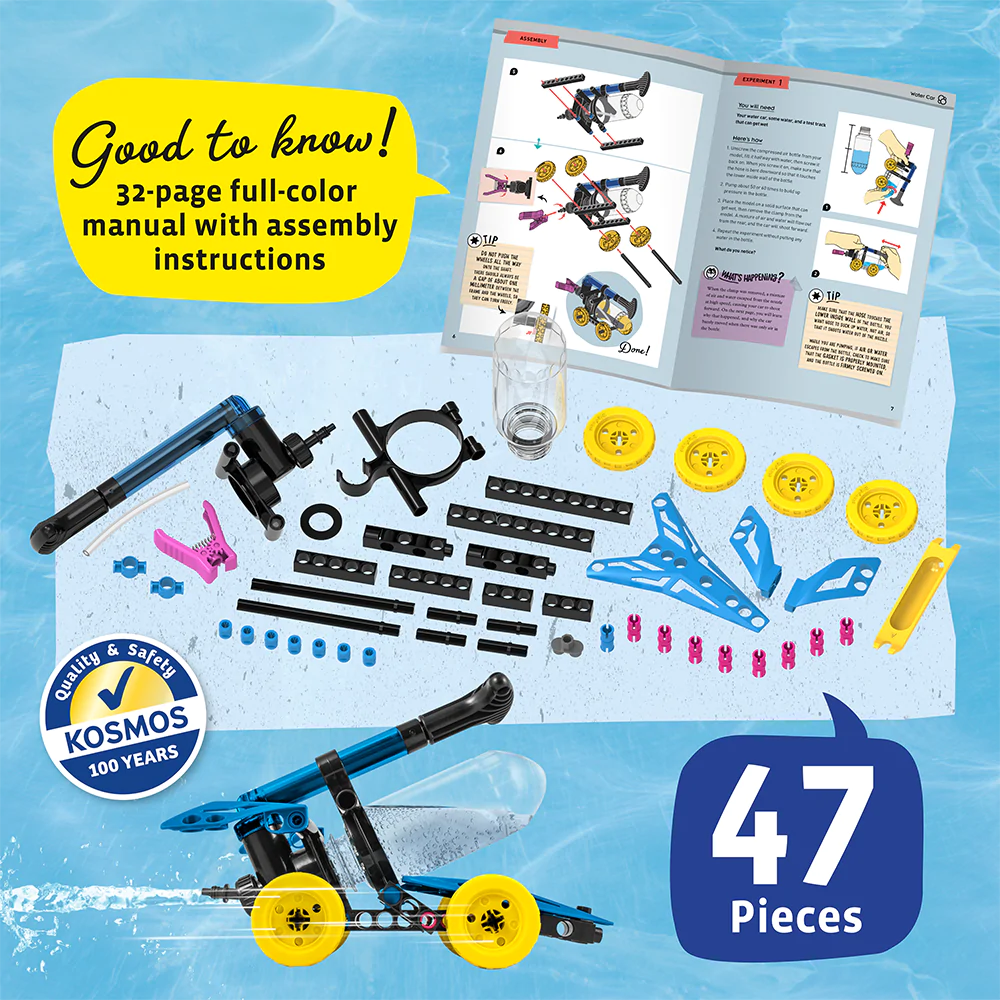 Water Power kit with 47 pieces and 32-page manual showing parts and instructions for building water-rocket models.