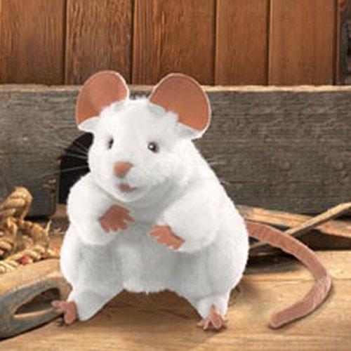 White Mouse Puppet sitting alert with big ears and movable arms and mouth, perfect companion for kids and playtime.