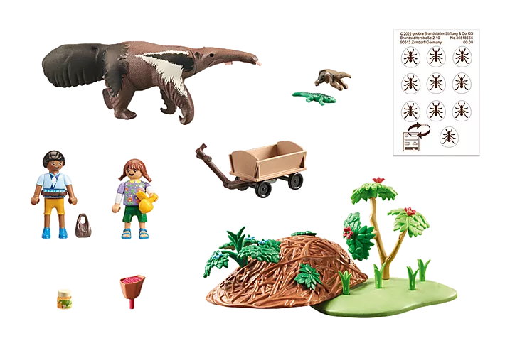 Wiltopia Anteater Care set with anteater, baby, anthill, two children figures, handcart, and removable ant stickers.
