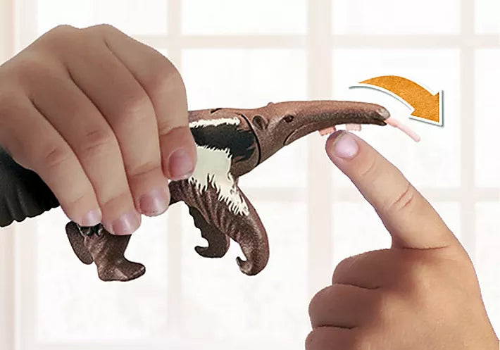 Wiltopia Anteater Care toy with adjustable anteater tongue being moved by children’s hands.