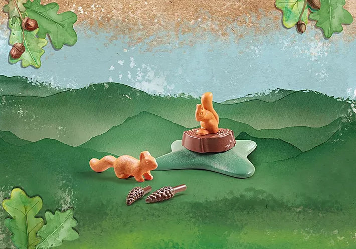 Wiltopia Squirrel set featuring two squirrels, pine cones, and a leafy play base for imaginative wildlife adventures.