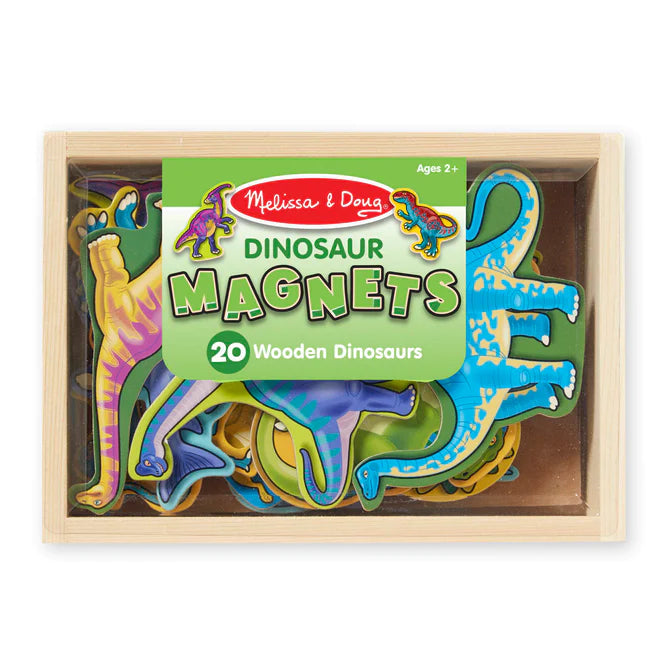 Dinosaur Magnets set with 20 colorful wooden dinosaur magnets in a wooden storage case for kids ages 2 and up.