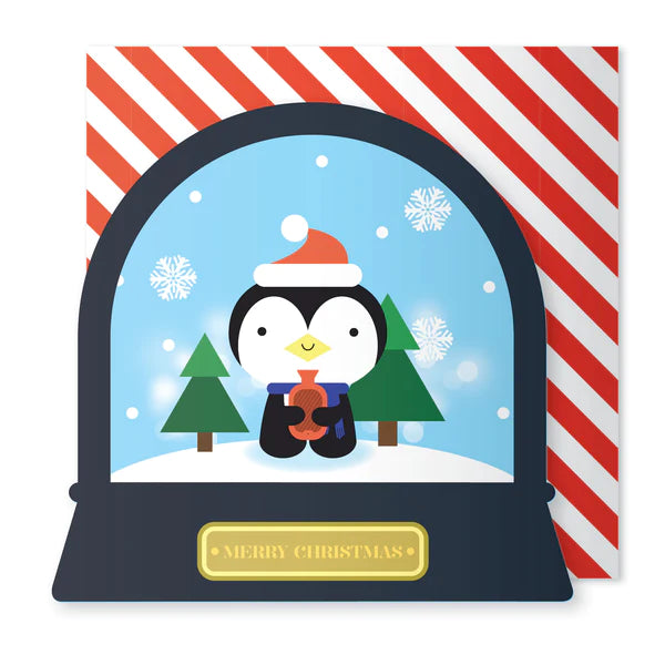 Penguin Snowglobe Card featuring a cute penguin in a snowy scene with glitter and a red and white striped envelope.