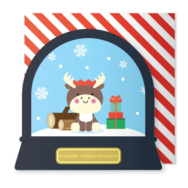 Reindeer Snowglobe Card featuring a cute moose inside a snow globe with snow glitter and festive gifts on a striped envelope.