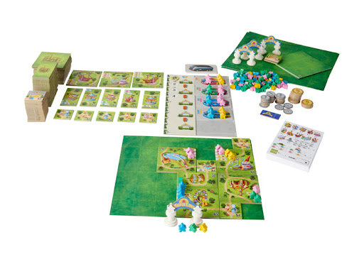 Meeple Land board game setup with colorful meeples, attraction tiles, tokens, and game boards for 2-4 players ages 8+
