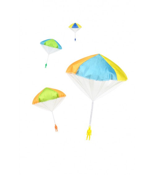 Three colorful parachutes with small figures attached flying against a white background, Parachute Man toy.