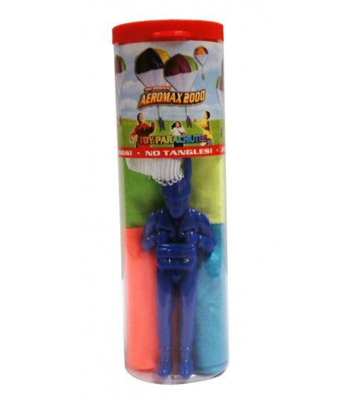 Parachute Man toy in recyclable tube with bright colors, tangle-free design for outdoor play and fun flights.