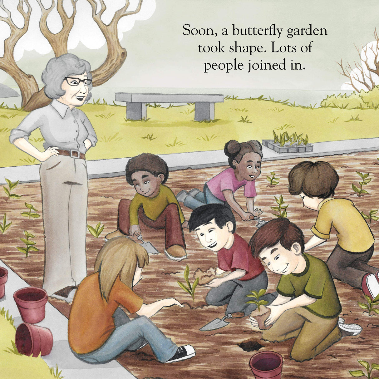 A scene from A Monarch Butterfly Story showing children and a teacher planting a butterfly garden together.