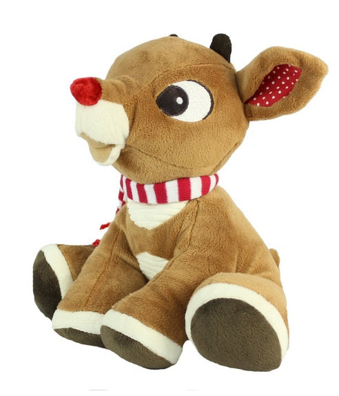 Rudolph stuffed plush with red nose and striped scarf, soft cuddly toy perfect for holiday cheer and tiny hands.