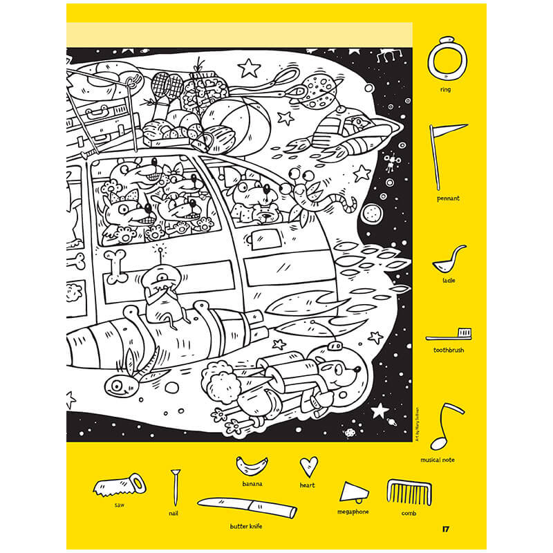 Highlights Hidden Pictures: Discovery Puzzles featuring a black-and-white seek-and-find space adventure scene for kids.