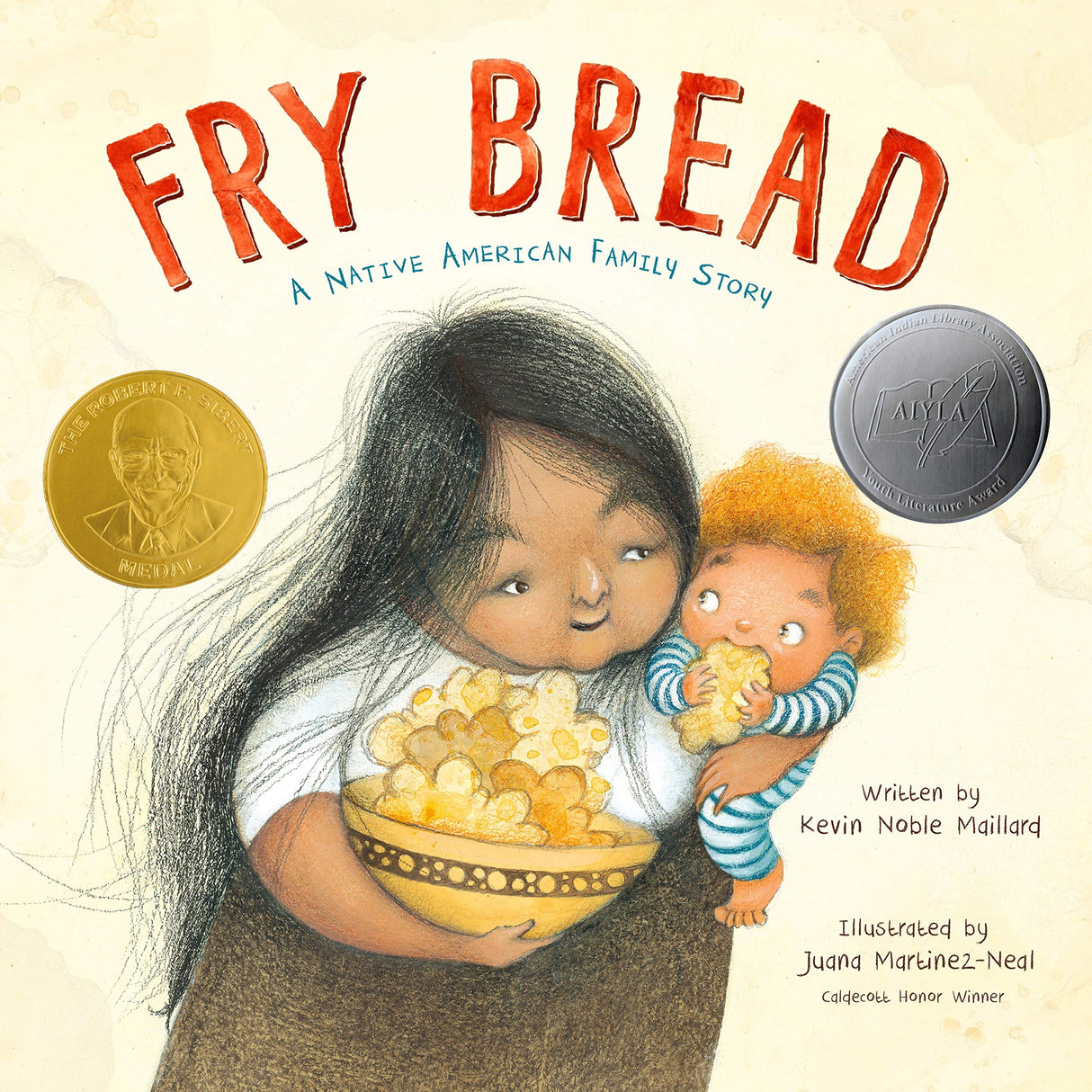 Fry Bread book cover showing a Native American mother holding a bowl of fry bread and her baby.