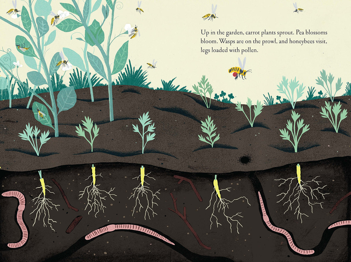 Up in the Garden, Down in the Dirt shows sprouting carrot plants, blooming peas, and earthworms beneath the soil.