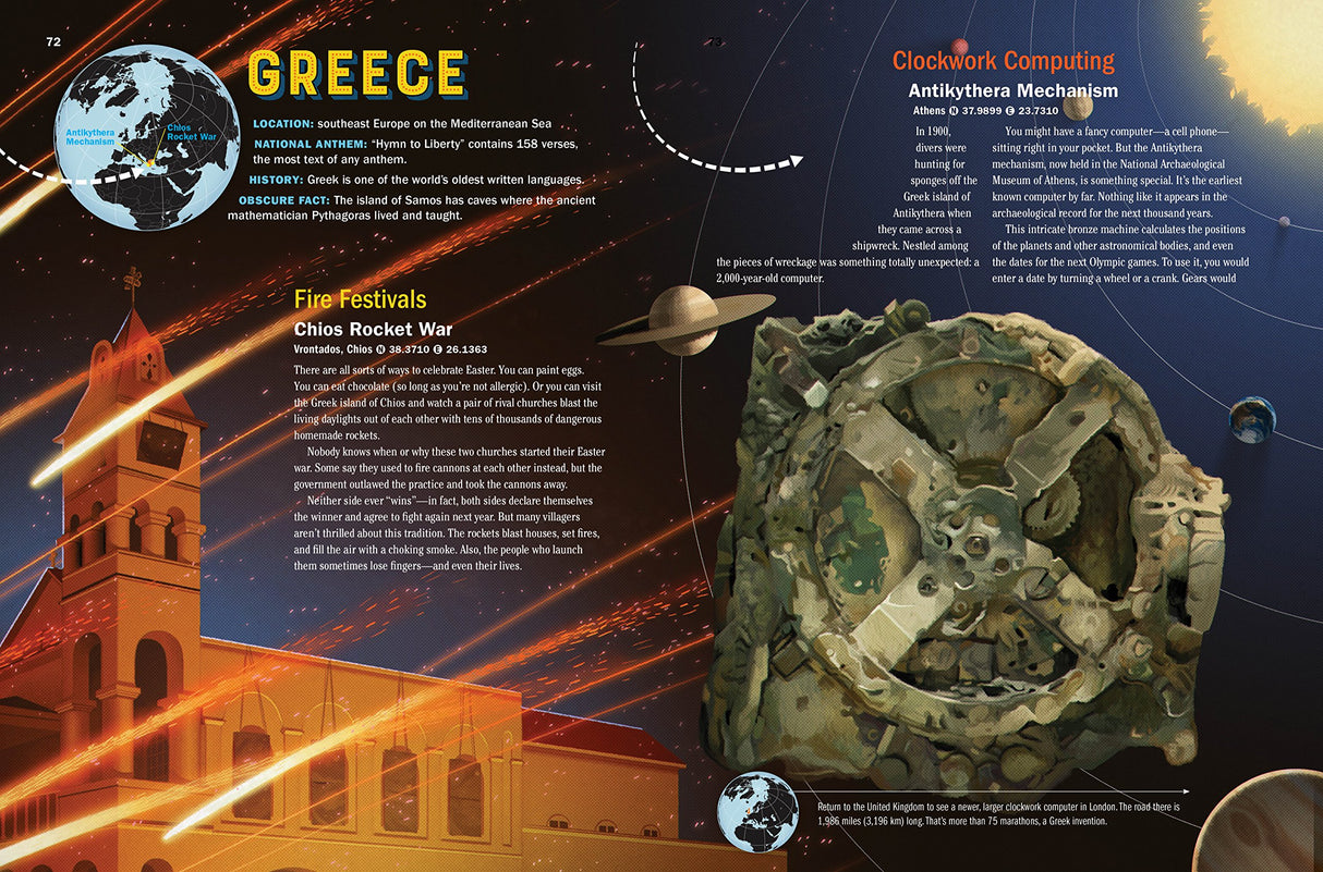 Atlas Obscura Explorer's Guide for the World's Most Adventurous Kid showing Greece's fire festivals and ancient clockwork mechanism.