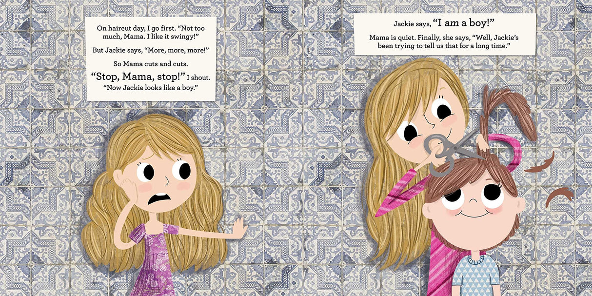 Illustration from "Jack, Not Jackie" showing a girl cutting her sibling's hair as Jackie says, "I am a boy!