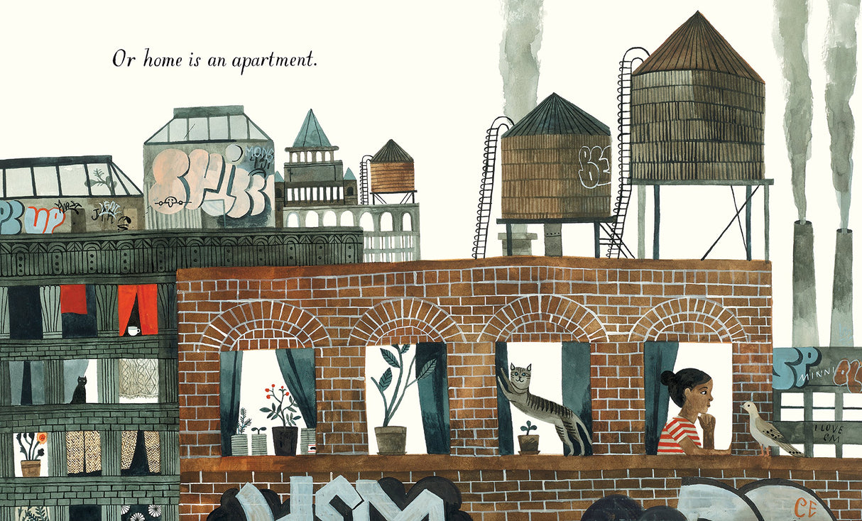 Home product illustration depicting an apartment with plants, a cat, and city water towers in a cozy urban setting.