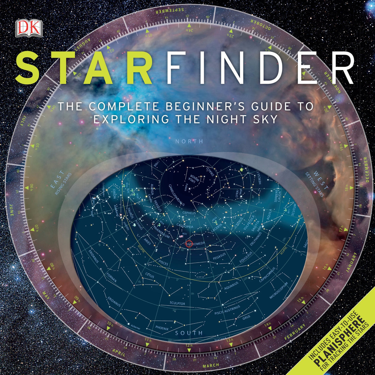 Starfinder book cover showing a planisphere and star chart for beginners exploring the night sky.