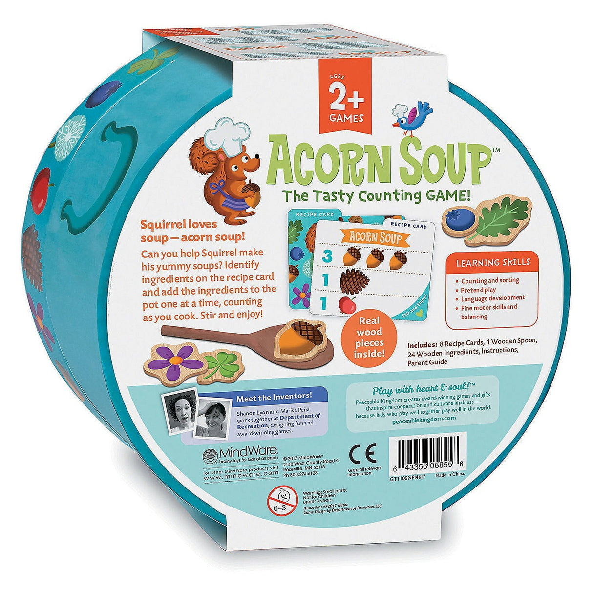 Acorn Soup wooden toy set with recipe cards, ingredients, and spoon for toddler counting and pretend play.