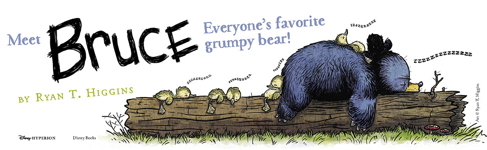 Spring Stinks product image showing grumpy bear Bruce resting on a log with small animals and birds around him.